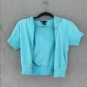 Moda International Aqua Blue Short Sleeve Women's Zip up Hoodie Crop Top